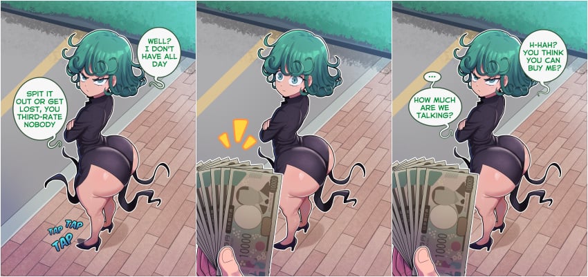 1girls angry angry_face arms_crossed big_ass big_butt blue_eyes bottom_heavy bribe bribery english_text female freshnsfw fully_clothed green_hair huge_ass light-skinned_female light_skin money one-punch_man prostitution roadside shortstack small_breasts tatsumaki text text_bubble tight_clothing