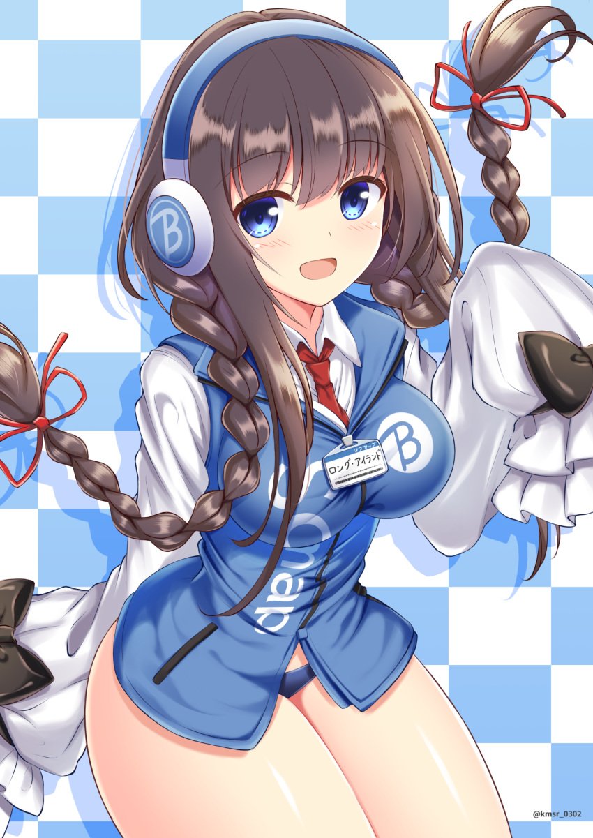 azur_lane bare_thighs blue_eyes breasts brown_hair headphones japanese_text kamishiro long_hair long_island_(azur_lane) long_sleeves medium_breasts no_pants panties shirt tagme thick_thighs thin_waist tie wide_hips