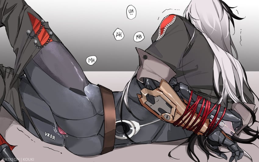 1boy bondage boothill_(honkai:_star_rail) bound cyborg grey_background highres honkai:_star_rail honkai_(series) male male_focus multicolored_hair paid_reward_available partially_undressed patreon_username speech_bubble white_hair yaoi yukaero4