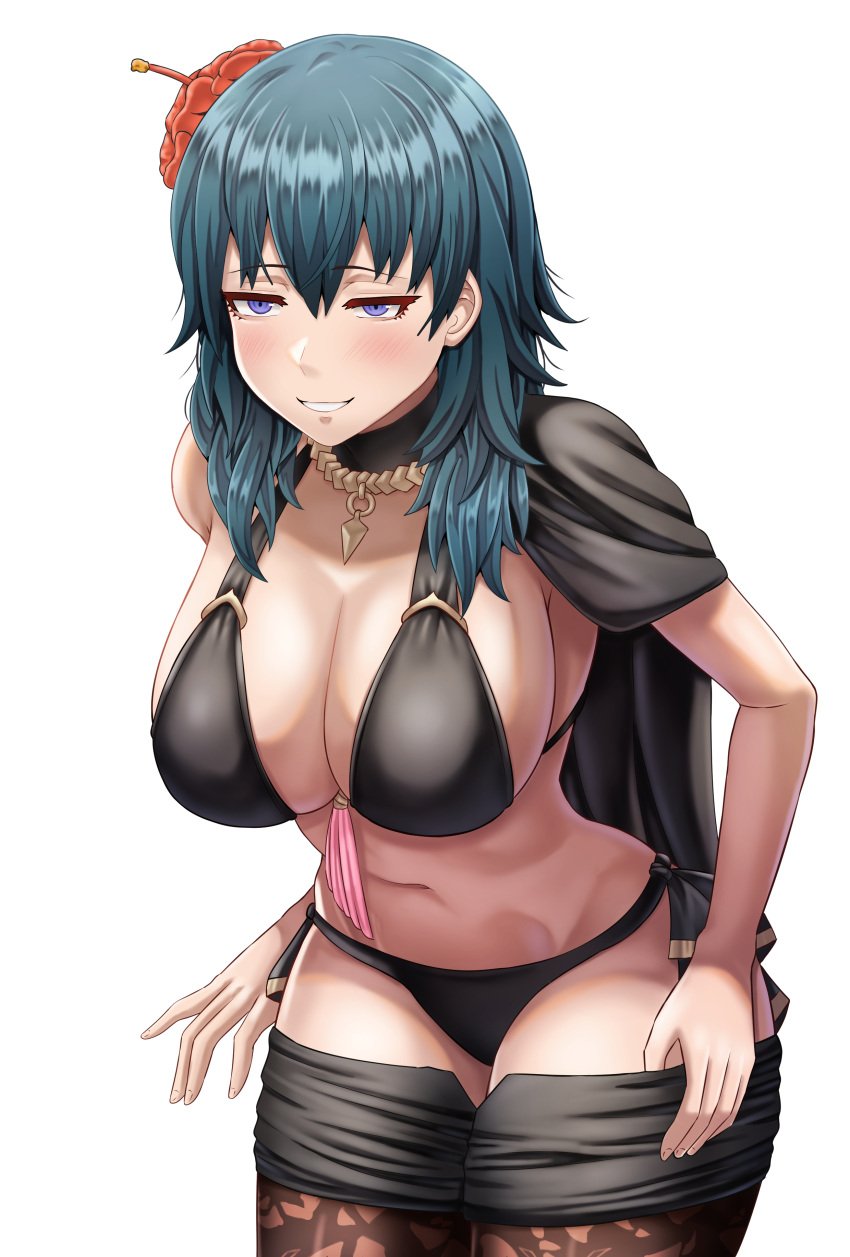 1girls absurd_res bikini black_bikini black_cape black_shorts blue_eyes blush brown_pantyhose byleth_(fire_emblem) byleth_(fire_emblem)_(female) byleth_(summer)_(fire_emblem)_(female) cape cleavage cowboy_shot fire_emblem fire_emblem:_three_houses fire_emblem_heroes flower hair_between_eyes hair_flower hair_ornament hibiscus highres large_breasts long_hair navel official_alternate_costume pantyhose pantyhose_under_shorts patterned_legwear red_flower saikunartworks short_shorts shorts side-tie_bikini_bottom sidelocks simple_background single_bare_shoulder smile solo standing stomach swimsuit tassel teal_hair undressing white_background