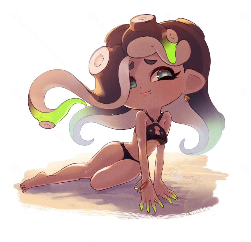 beach bikini black_bikini black_swimsuit cute dark-skinned_female female_only kanzaki_coula looking_at_viewer marina_(splatoon) nintendo octoling octoling_girl seductive_pose skimpy_bikini solo_female splatoon splatoon_(series) splatoon_2 tagme tentacle_hair