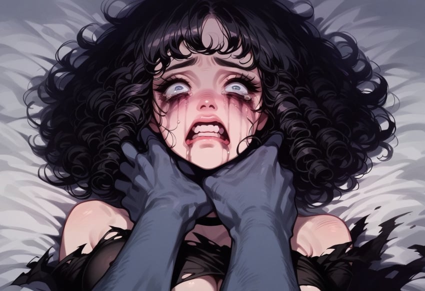 1boy 1girl ai_generated black_hair choking crying curly_hair female female_focus makeup monster neck_grab restrained runny_makeup scared tears throat_grab torn_clothes werewolf