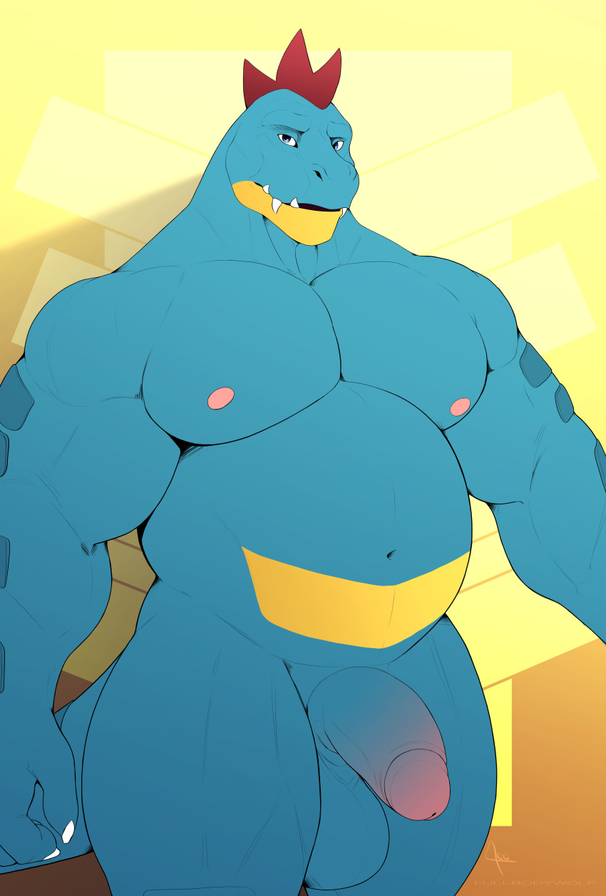 absurd_res anthro balls big_balls bubbaferaligatr bubbagatr crocodilian feraligatr flaccid fullbodywolf generation_2_pokemon genitals hi_res male musclegut muscular nintendo nipples pecs penis pokemon pokemon_(species) reptile saggy_balls scalie solo