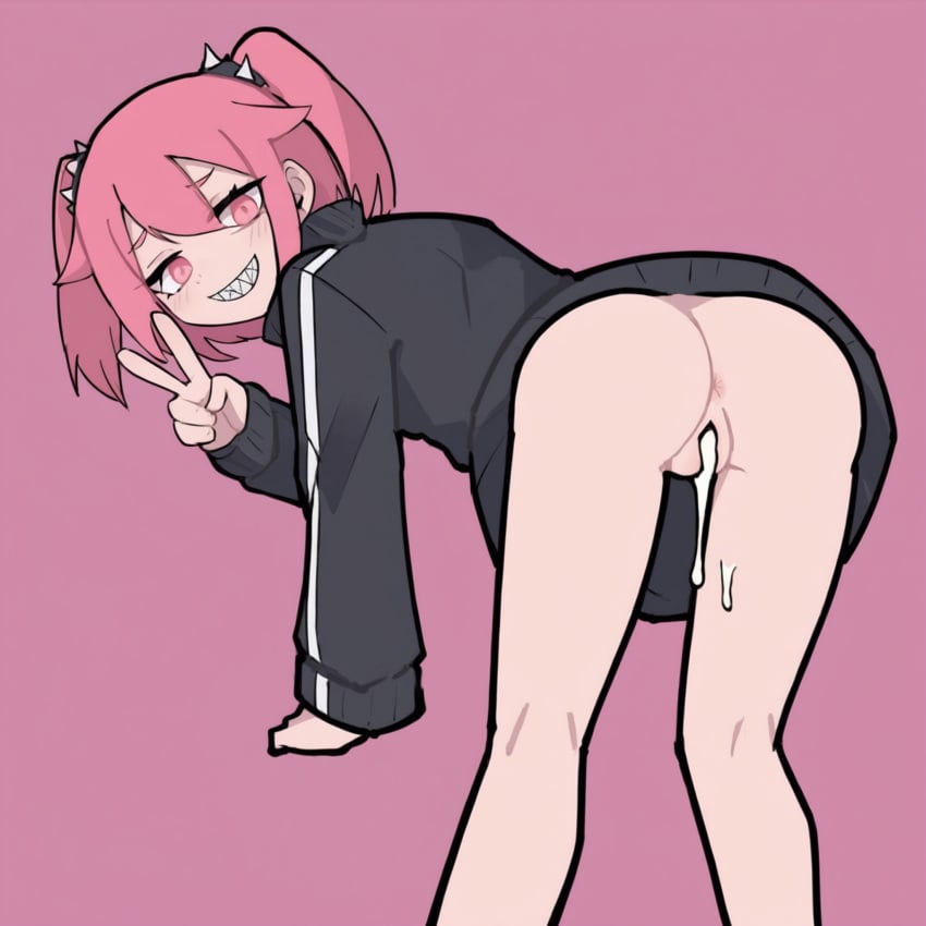 1girls after_sex ai_generated anus ass ass_focus barren_(ai_prompter) bent_over black_shirt blush bottomless cum cum_drip cum_in_pussy cum_inside from_behind happy highres jon-yakitory konton_boogie looking_back mv_character peace_sign pink_background pink_eyes pink_hair presenting presenting_hindquarters pussy sharp_teeth short_hair simple_shading smile solid_color_background solo stable_diffusion thin_female tracksuit twintails v