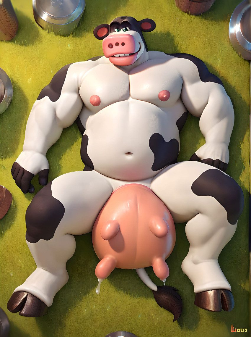 ai_generated anthro back_at_the_barnyard bara barnyard_(film) belly big_udders bovid bovine bovine bull cantsleep96 cattle hi_res male male_only musclegut muscular nipples otis otis_(back_at_the_barnyard) pecs solo spread_legs tail udders