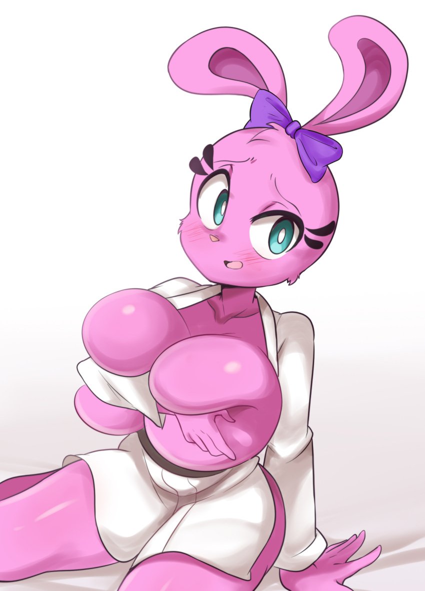 anthro big_breasts big_hips bursting_breasts covering_breasts embarrassed grown_up lucyfercomic pink_fur rabbit_girl sitting white_blouse yin_(yin_yang_yo!) yin_yang_yo!