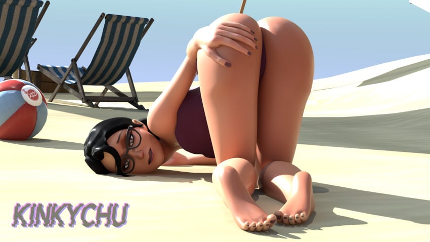 1girls 3d arched_back beach big_ass black_hair exhibitionism feet female female_only glasses human human_female human_only kinkychu miss_pauling on_floor one-piece_swimsuit pussy_peek sfm short_hair showing_ass small_breasts solo swimsuit team_fortress_2 tf2 worried worried_expression