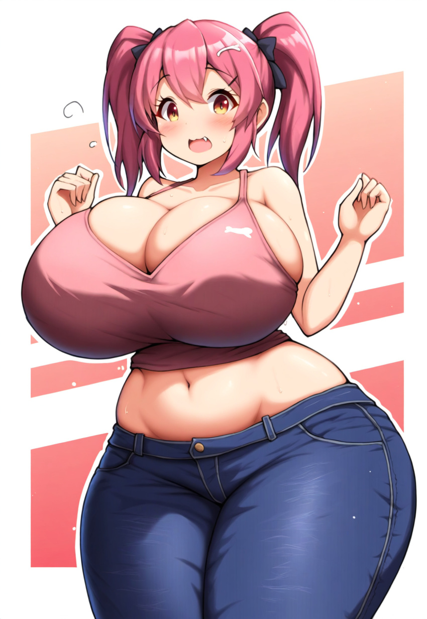 ai_generated bows huge_ass jeans massive_breasts midriff pink_hair simple_background surprised tank_top twintails wide_hips