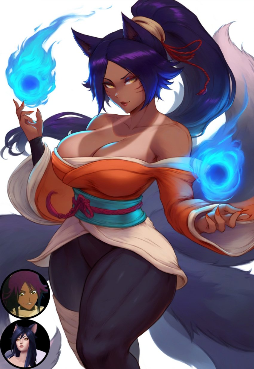 1girls ahri ai_generated big_breasts bleach dark-skinned_female fusion krystalizedart large_breasts league_of_legends shihouin_yoruichi thick_thighs