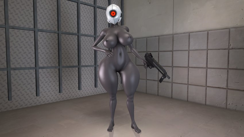 artist_upload big_ass big_breasts grey gun nude nude_female portal_(series) robot_girl sfm thick_thighs turret_gal_(soldierhunterm) valve