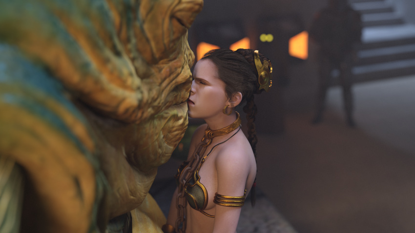 1girls 3d alexbridger belly_dancer belly_dancer_outfit boots braided_hair brown_hair chain_leash chained closed_eyes enslaved_royal femsub harem_girl harem_outfit hutt interspecies jabba's_palace jabba_the_hutt kissing kneeling loincloth long_hair princess_leia_organa slave slave_bikini slave_collar slave_leia slave_outfit slavegirl star_wars submissive_female