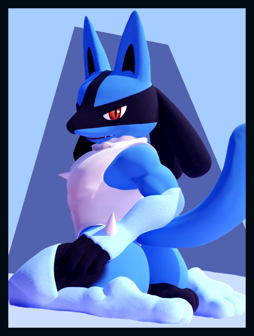 3d 3d_(artwork) adynamical anthro black_border blender_(software) border canid canine clothing digital_media_(artwork) feet footwear fur generation_4_pokemon genitals green_body green_fur handwear hi_res humanoid_genitalia knee_highs knee_socks legwear lucario male male_only mammal nintendo penis pokemon pokemon_(species) q3_toes socks solo spikes toes video_games