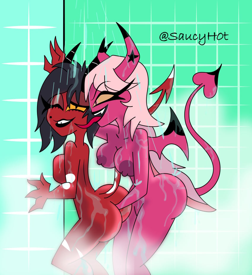 2demons ass demon demon_girl demon_girls demon_horns demon_tail demon_wings demoness demons hand_in_butt helluva_boss imp lesbian_sex millie_(helluva_boss) saucyh0t shower shower_sex succubus succubus_horns succubus_tail succubus_wings verosika_mayday_(helluva_boss) yurihaven.com