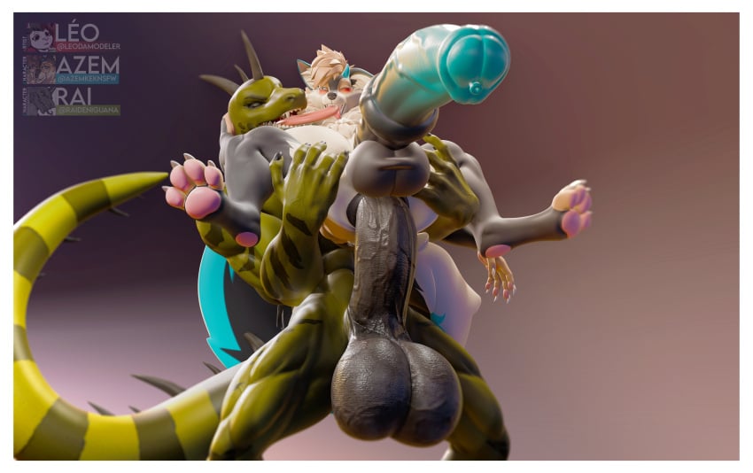 3d_(artwork) absurd_res anal anal_sex anthro anthro_on_anthro anthro_penetrated anthro_penetrating anthro_penetrating_anthro athletic athletic_anthro azem_(azemkek) balls barazoku big_balls big_penis big_tail blue_penis canid canine darkened_genitalia digital_media_(artwork) dragon draksune duo fox french_kissing genitals hi_res horn huge_balls huge_cock hybrid hyper hyper_balls hyper_genitalia hyper_penis iguana iguanid kissing leodamodeler lizard low-angle_view male male/male male_penetrated male_penetrating male_penetrating_male mammal medial_ring muscular muscular_anthro muscular_male mythological_creature mythological_scalie mythology pawpads paws penetration penis raiden_(raidens_claws) raised_paw reptile scalie sex spikes spikes_(anatomy) stand_and_carry_position standing standing_sex tail tongue tongue_in_mouth tongue_out valorlynz