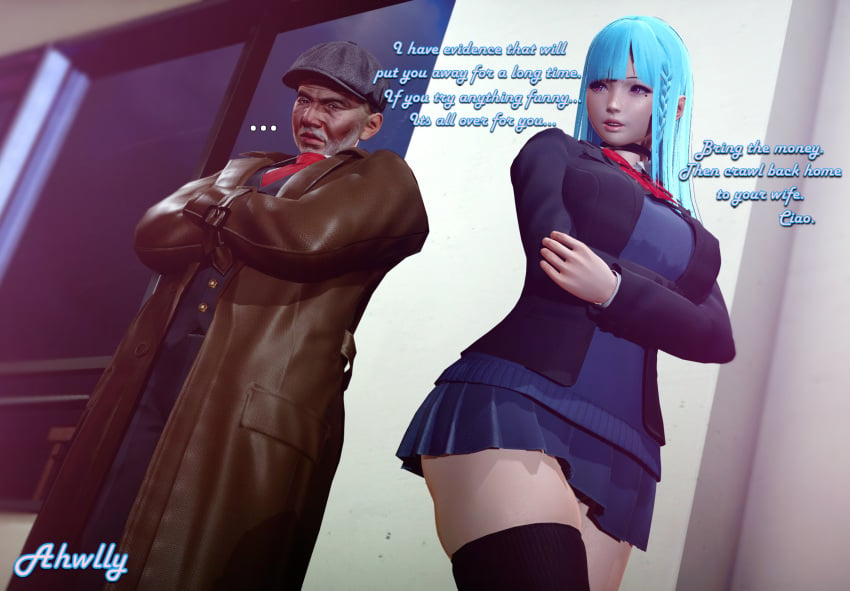 1boy 1girls 3d ahwlly ahwlly_(artist) arms_crossed arms_crossed_under_breasts black_legwear blackmail blazer blue_hair blunt_bangs bowtie braid comic extortion female imminent_anal imminent_rape large_breasts looking_at_ass looking_at_butt looking_back male medium_hair old_man self_insert shirt skirt smile straight_hair suit sweater text thick_thighs thighhighs to_be_continued uniform