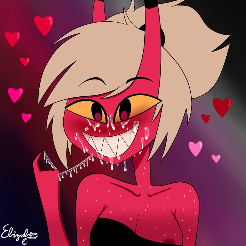 1girls apple_(helluva_boss) blonde_hair bust_portrait cum_in_mouth cum_on_face cum_trail demon demon_girl digital_art digital_media_(artwork) ebiyuben facial female female_focus heart helluva_boss looking_at_viewer ponytail sharp_teeth smile succubus sweat vivienne_medrano wide_smile