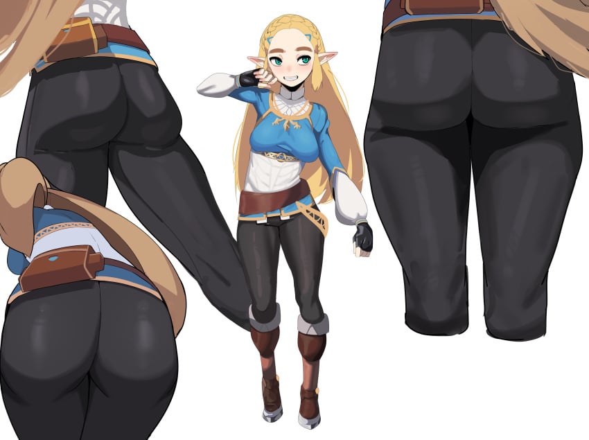 1girls ass ass_focus ass_shot big_ass black_pants blonde_hair bottomwear breasts breath_of_the_wild centvie clothing dat_ass female female_only full_body green_eyes hair huge_ass legs long_hair medium_breasts multiple_views pants pointy_ears princess_zelda smile solo solo_female the_legend_of_zelda thighs topwear zelda_(breath_of_the_wild)