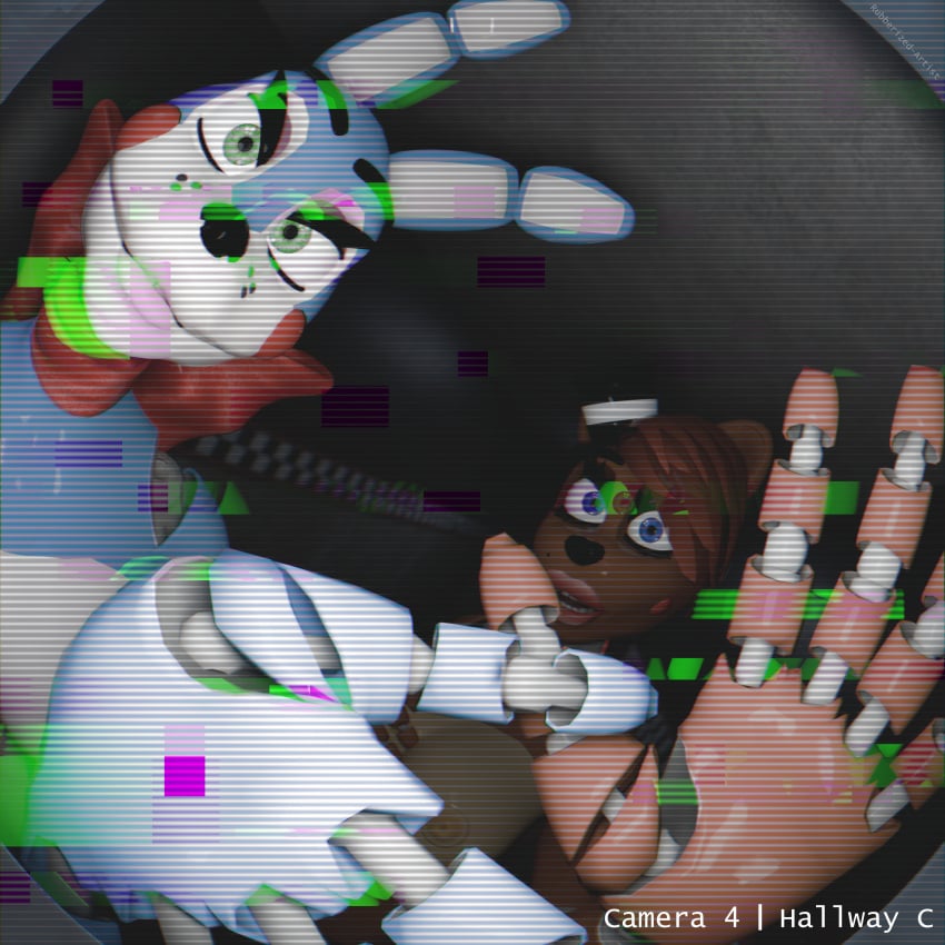 3d 3d_(artwork) angry angry_eyes blender_(software) blender_cycles bonnie_(disembowell) camera camera_hud camera_pov camera_view exposed_breasts female fisheye fisheye_lens five_nights_at_freddy's five_nights_at_freddy's_2 freddy_(disembowell) frederika_(fnaf) hallway shiny shocked toy_bonnie_(fnaf)