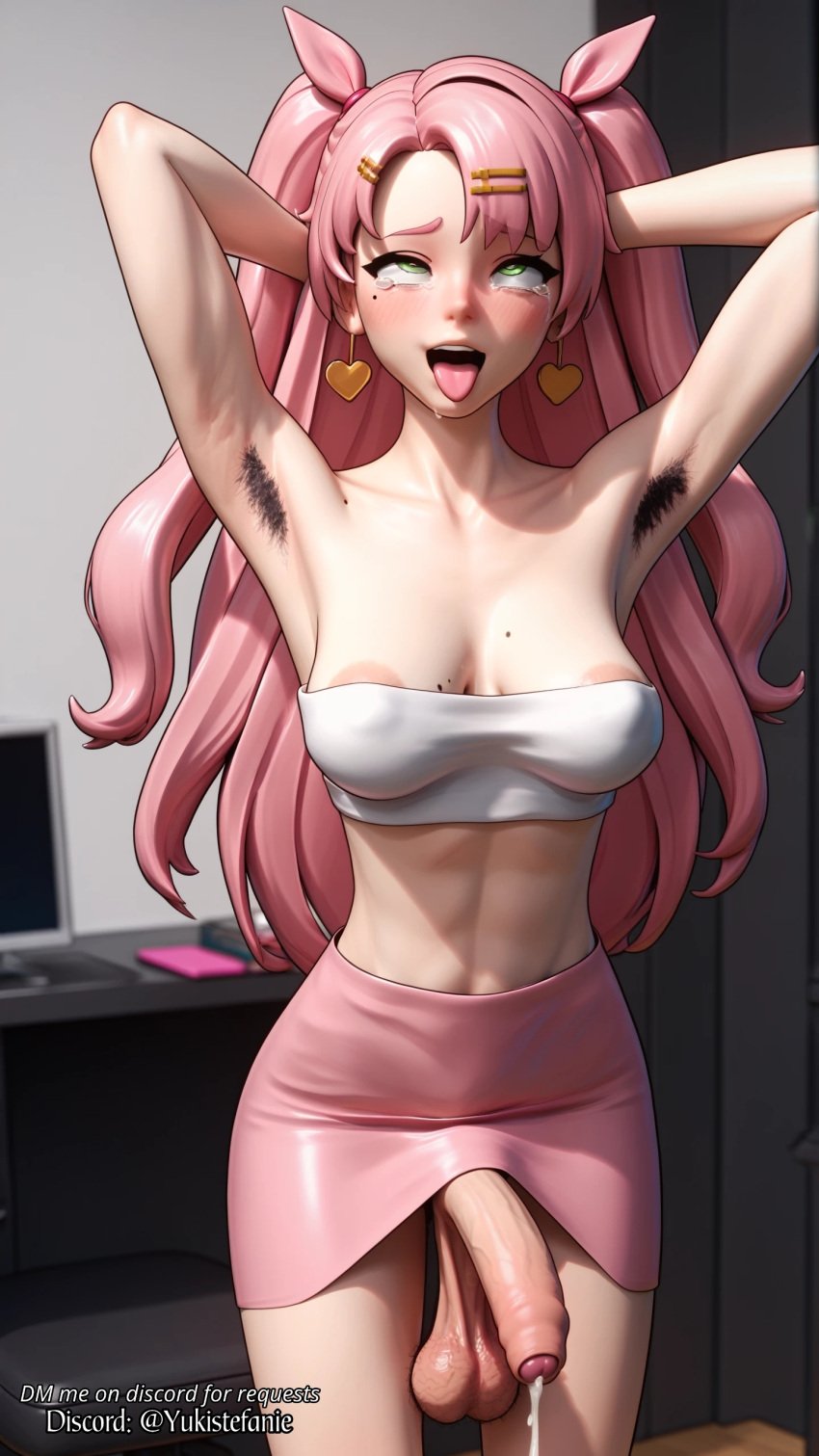 1futa 1futanari 3d ai_generated futanari green_eyes hair_ornament hairy_armpits large_breasts nicole_demara pencil_skirt penis solo testicles tube_top tubetop twintails uncircumcised uncircumcised_penis zenless_zone_zero