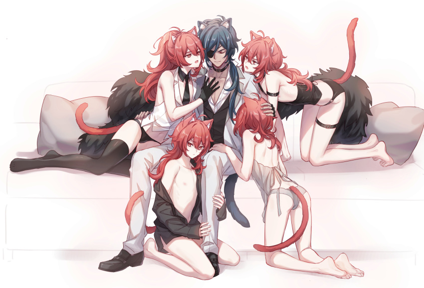 5boys absurdres adoptive_siblings animal_ears bangs blue_hair blush breasts cat_ears cat_tail closed_eyes closed_mouth collar dark-skinned_male dark_skin diluc_(genshin_impact) eyepatch formal fylus genshin_impact gloves hair_between_eyes highres holding jacket kaeya_(genshin_impact) long_hair long_sleeves male_focus multicolored_hair multiple_boys multiple_persona necktie open_mouth panties ponytail red_eyes red_hair shirt simple_background smile suit tail underwear white_background yaoi