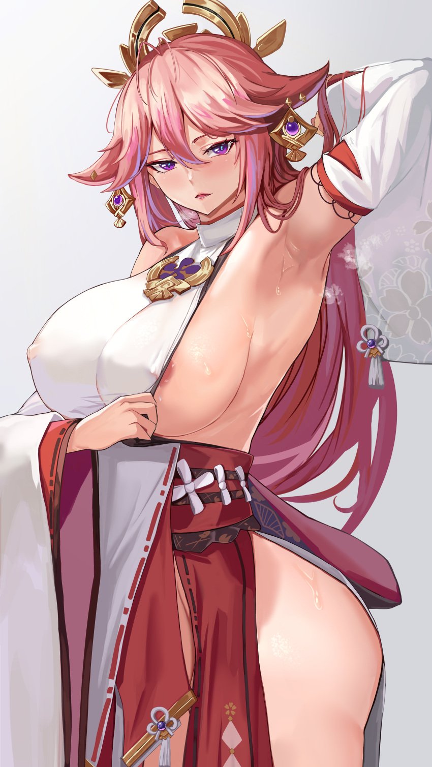 1girls 2022 animal_ears areola_slip areolae arm_behind_head arm_up armpit_pose armpits ass barely_clothed barely_contained blush breasts detached_sleeves ear_piercing embarrassed erect_nipples erect_nipples_under_clothes female female_only fox_ears fox_girl genshin_impact hair_ornament highres hips huge_breasts kitsune large_areolae large_ass long_hair loooyd miko pink_hair presenting_armpit presenting_sideboob purple_eyes showing_armpits shrine_maiden sideboob slim_waist steam steaming_body sweaty_armpits thick_thighs thighs very_high_resolution wide_hips yae_miko