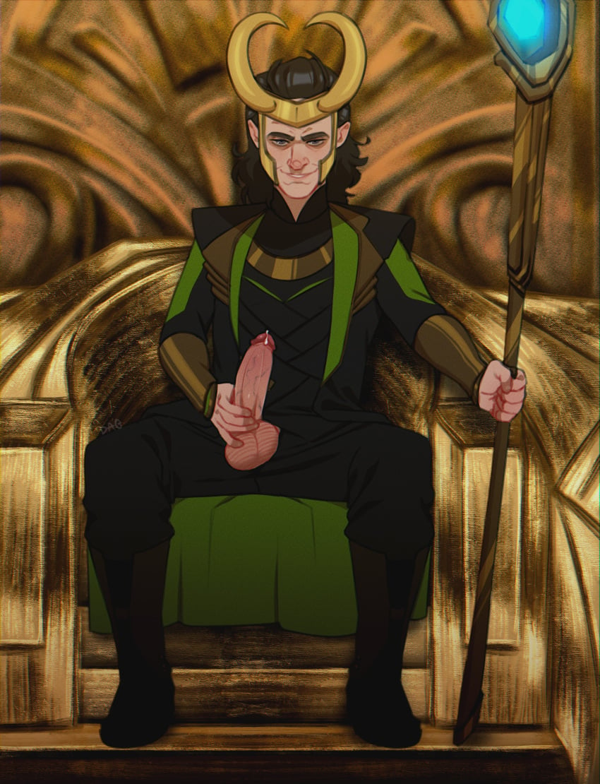 1boy crown darkandgoofy erection hat loki_(marvel) male_focus male_only marvel marvel_comics masculine penis presenting_penis sitting solo throne