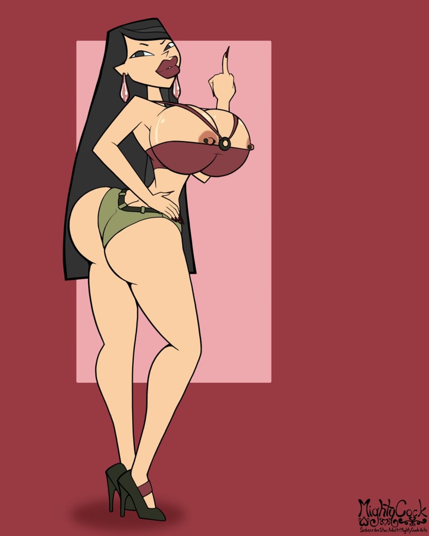 2d 2d_(artwork) areolae ass ass_implants bimbo black_hair breast_implants bubble_butt bursting_breasts busty cleavage condom fake_breasts female female_focus female_only full_body heather_(tdi) hourglass_figure implants long_hair makeup middle_finger mightycock nipple_piercing nipples skimpy skimpy_clothes standing tagme total_drama_island used_condom wide_hips