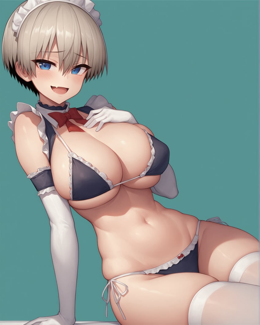 1girls ai_generated bikini blue_eyes blush bow breasts elbow_gloves female frills gray_hair hair_between_eyes hand_on_breast large_breasts looking_at_viewer maid maid_bikini maid_outfit navel notreallyhere open_mouth short_hair side-tie_bikini simple_background sitting skin_fang skindentation smile solo thighhighs two-tone_hair uzaki-chan_wa_asobitai! uzaki_hana