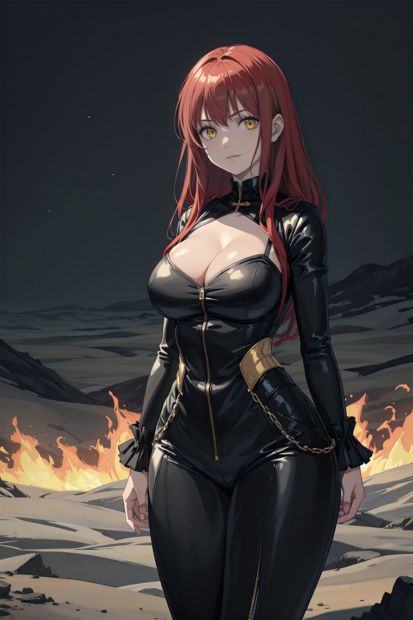 1girls ai_generated black_leather busty cleavage desert female fire gold hi_res highres long_hair nighttime original_character pixai red_hair solo standing yellow_eyes