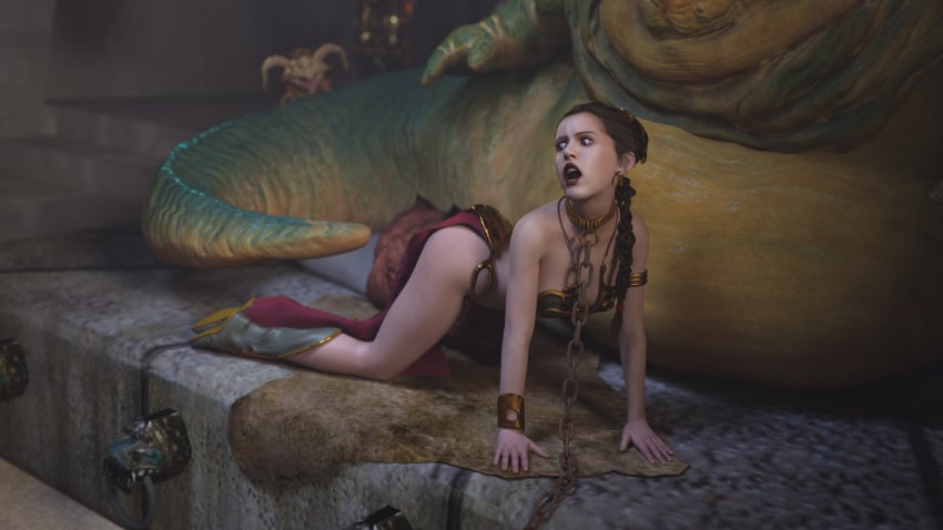 1girls 3d alexbridger belly_dancer belly_dancer_outfit boots brown_eyes brown_hair c-3po chain_leash chained enslaved_royal femsub harem_girl harem_outfit hutt jabba's_palace jabba_the_hutt loincloth on_all_fours princess_leia_organa salacious_crumb slave slave_bikini slave_collar slave_leia slave_outfit slavegirl star_wars submissive_female surprised