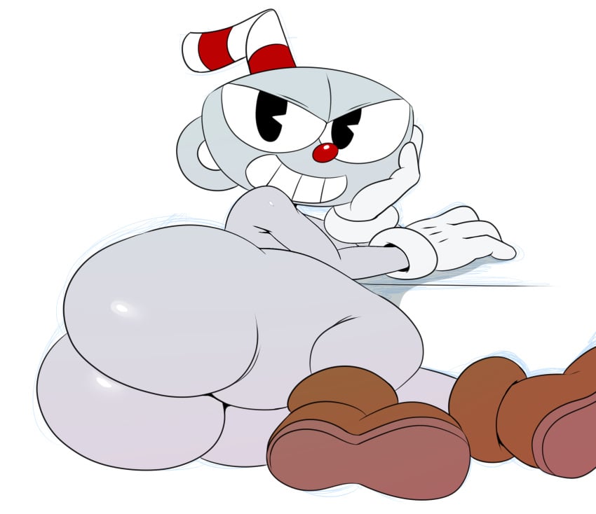 animate_inanimate arm_support ass big_ass big_butt bubble_ass bubble_butt cuphead cuphead_(game) edit grin laying_down looking_at_viewer looking_back male male_only naked simple_background solo solo_male sssonic2 studio_mdhr thick_thighs white_background