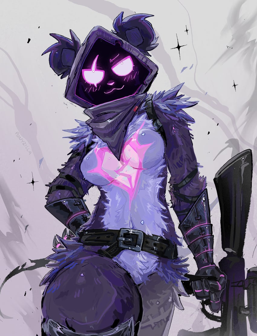 ar assault_rifle bear_ears breasts clothed confident female female_only fortnite gimphorse gun illustration modified_gun painting_(artwork) pink_eyes ponyzilla purple_body purple_fur raven_team_leader raven_team_leader_(fortnite) smirk