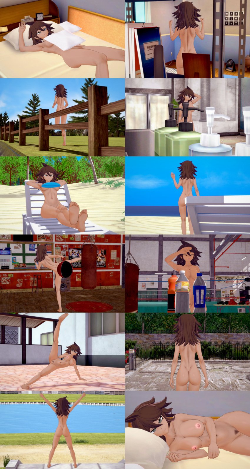 1girls 3d ass barefoot beach beach_chair bed breasts brown_hair casual casual_nudity censored_to_uncensored completely_nude completely_nude_female danganronpa danganronpa:_trigger_happy_havoc danganronpa_2:_goodbye_despair dark-skinned_female dark_skin exercise exercise_ball female female_only frisbee gym human kicking koikatsu long_hair messy_hair navel nipples nude nude_female nudist outdoor_nudity outdoors owari_akane pillow public public_nudity punching_bag pussy retropunch solo sports_drink