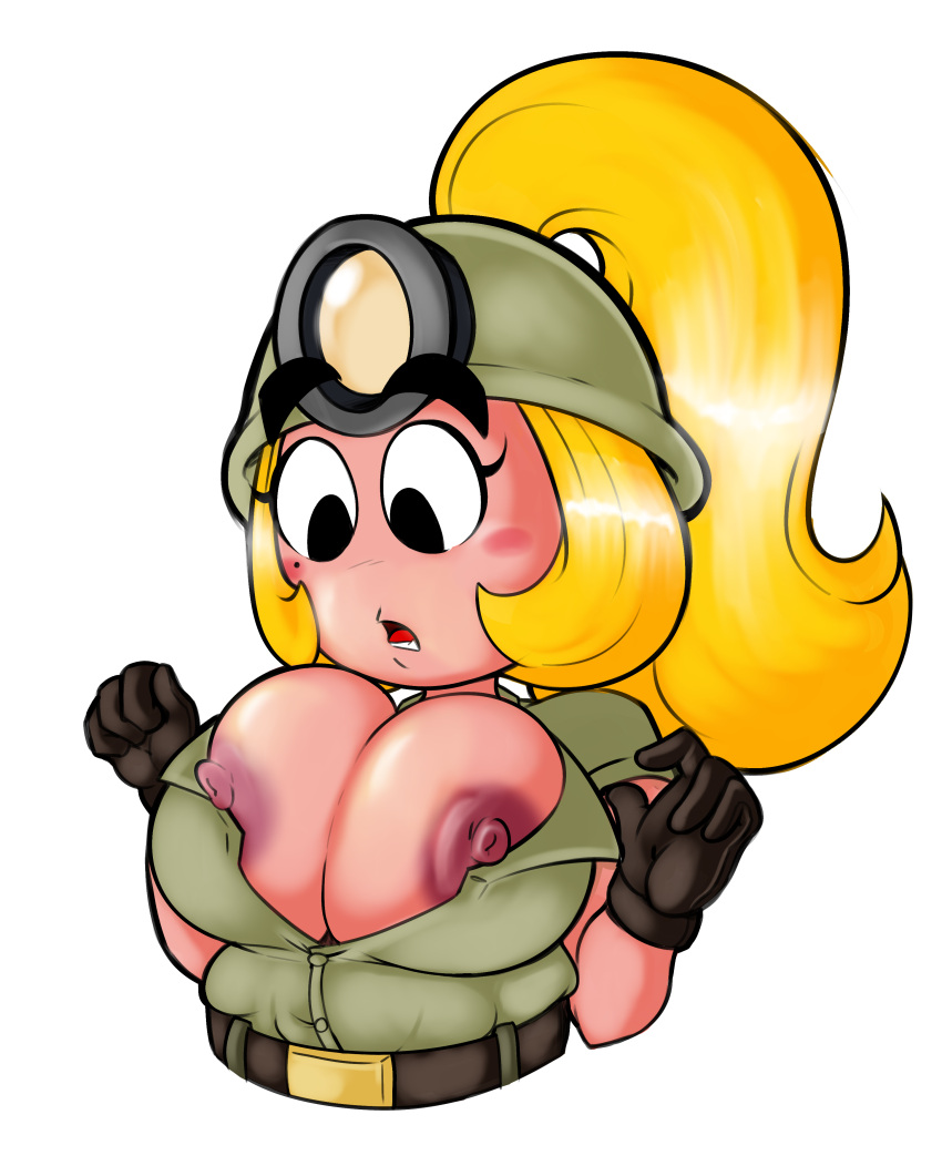 1girls big_breasts blonde_hair breasts breasts_out busty cleavage clothing female female_only gloves goombella hat headlamp large_breasts looking_at_breasts looking_at_self looking_down mario_(series) no_bra paper_mario paper_mario:_the_thousand-year_door png shirt solo surprised surprised_expression teenagebratwurst thick_thighs wardrobe_malfunction white_background wide_hips