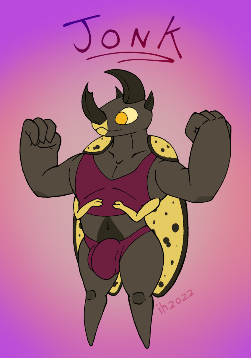 4_arms anthro arthropod beetle big_arms big_dick_energy body_hair bulge clothing flexing flexing_bicep flexing_both_biceps happy_trail hercules_beetle hi_res himbo horn impishhyena insects jonk_(impishhyena) male male_only midriff multi_arm multi_limb muscular pectoral_bulge rhinoceros_beetle scarabaeid shirt small_arms solo tank_top tapering_horn thick_thighs tight_clothing topwear underwear wings yellow_eyes