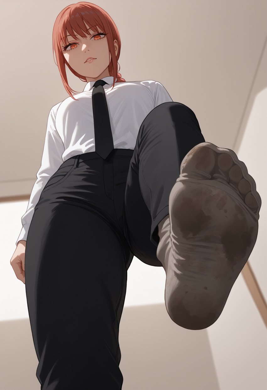 2d ai_generated chainsaw_man dirty_socks feet makima_(chainsaw_man) red_hair shiroppo socks stomping tie yellow_eyes