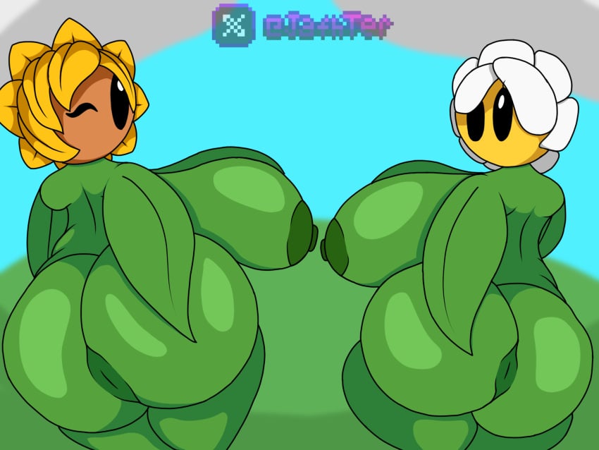 big_ass big_breasts big_butt flower flowers green_body green_skin marigold_(pvz) pvz solar_flare_(pvz) sunflower sunflower_(pvz)