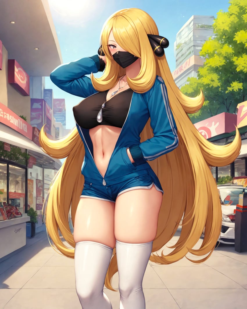 1girls ai_generated alex-schura bangs black_mask black_sports_bra blonde_hair blue_shorts blush breasts cleavage clothing completely_nude convenience_store covered_mouth curvaceous curvaceous_female curvaceous_figure curvy curvy_figure cynthia_(pokemon) day female female female_focus female_only grey_eyes hair_ornament hair_over_one_eye jacket jewelry large_breasts legwear long_hair long_sleeves looking_at_viewer mask mouth_mask navel necklace open_clothes outdoors pokemon pokemon_(game) pokemon_champion pokemon_character pokemon_diamond_pearl_&amp;_platinum pokemon_dppt shop shorts sky solo sports_bra standing thick_thighs thighhighs thighs tree very_long_hair voluptuous voluptuous_female white_thighhighs