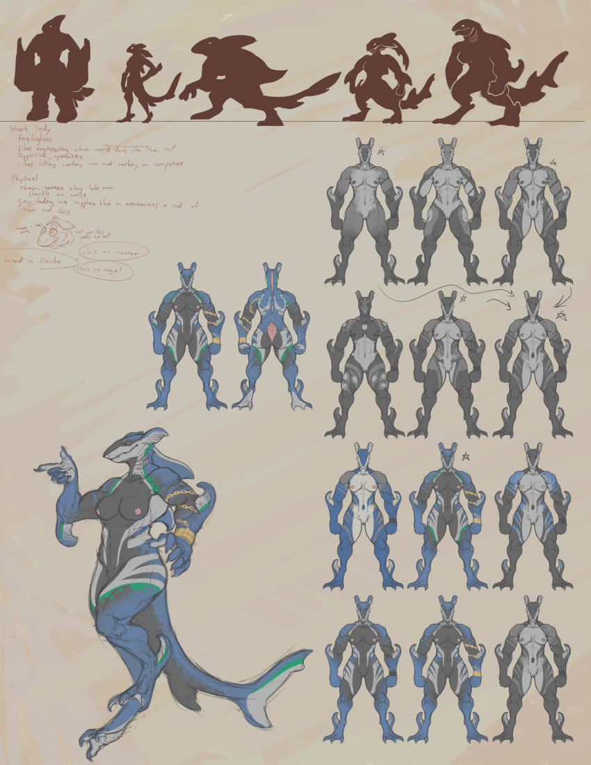 5_fingers absurd_res anthro biped blue_body breasts brinke_(scorchsynth) claws dorsal_fin english_text eyrich female fin fingers fish genitals gills hi_res marine model_sheet non-mammal_breasts pussy shark solo tail tail_fin text