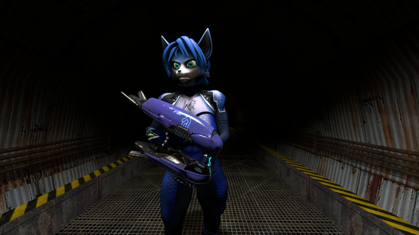 3d anthro blue_eyes blue_fur blue_hair breasts clothed clothing female female_only furry furry_only krystal laarian penis plasma_gun sfm solo solo_female star_fox suit weapon