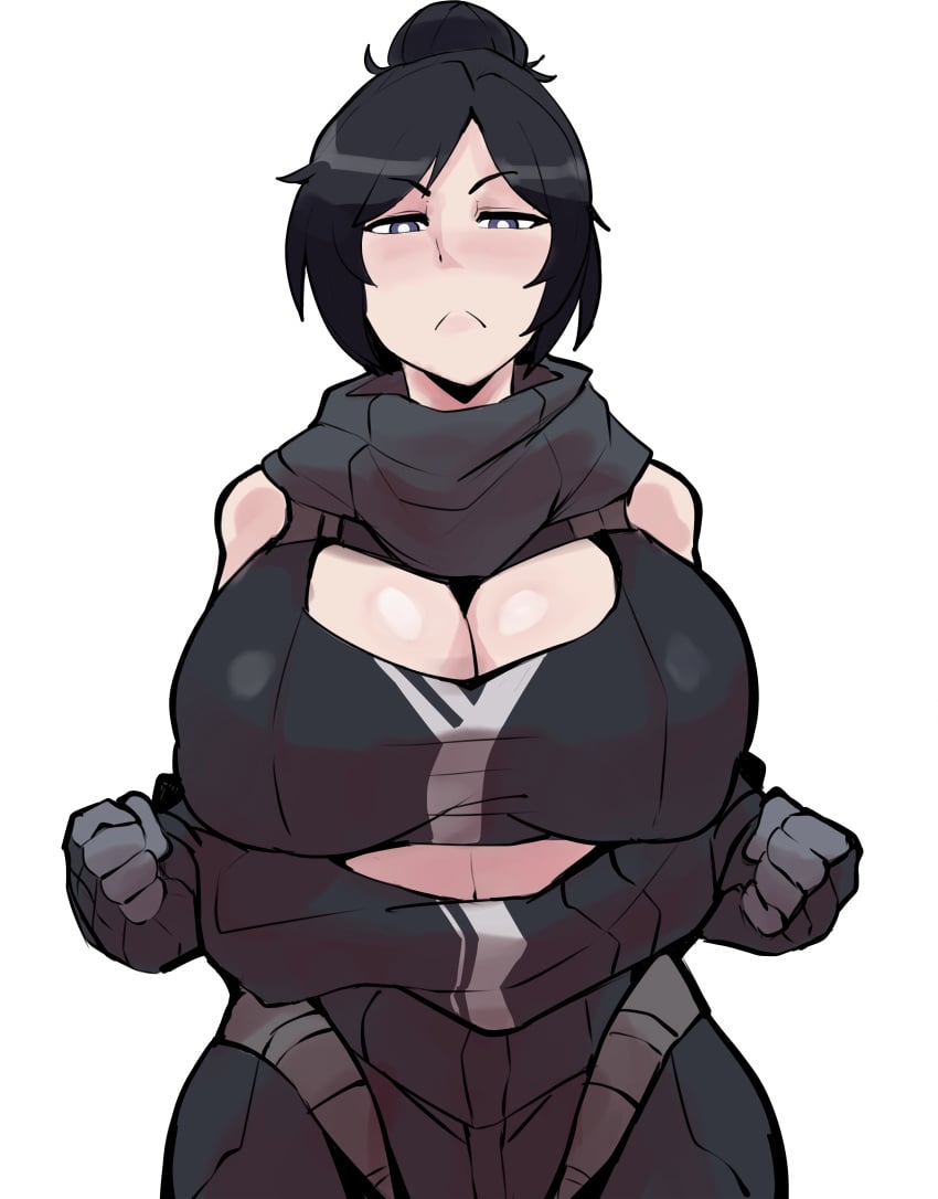 2d alternate_breast_size apex_legends belt big_ass big_breasts big_butt big_hips big_thighs breast_squeeze breasts bursting_breasts growth horu jumpsuit looking_at_another outgrowing_clothes simple_background stretched_clothing thick thick_ass thick_hips thick_legs thick_thighs tight_clothes tight_clothing tights wraith_(apex_legends)