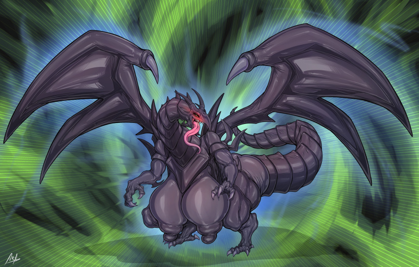 black_dragon blush breasts busty_feral dragon dryadex female female_dragon female_feral feral feral_dragon gigantic_breasts hanging_breasts huge_breasts hyper hyper_breasts looking_at_viewer nipples red-eyes_black_dragon scalie solo tongue tongue_out yu-gi-oh!