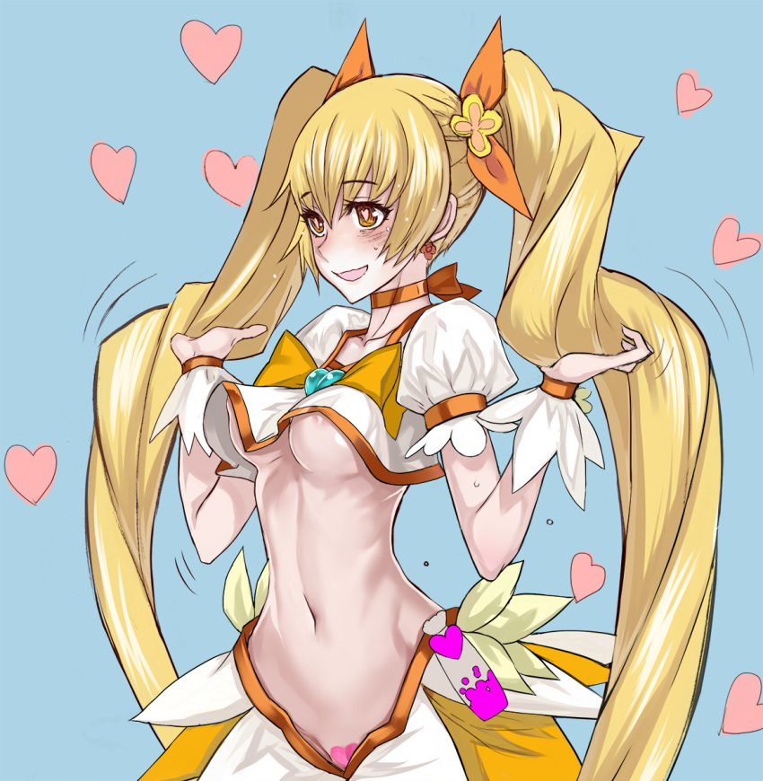 :d areola_slip areolae blue_background blush bow bowtie breasts choker clothing cropped_shirt cure_sunshine earrings female hairbow hands_up heart heart-shaped_pupils heart_brooch heartcatch_precure! highres honjou_raita jewelry long_hair maebari magic_circle magical_girl medium_breasts myoudouin_itsuki navel open_mouth orange_bow orange_choker orange_eyes precure pretty_cure puffy_short_sleeves puffy_sleeves sanpaku shirt short_sleeves simple_background small_breasts smile solo standing symbol-shaped_pupils twintails uncensored underboob very_long_hair white_shirt wristband yellow_bow yellow_bowtie