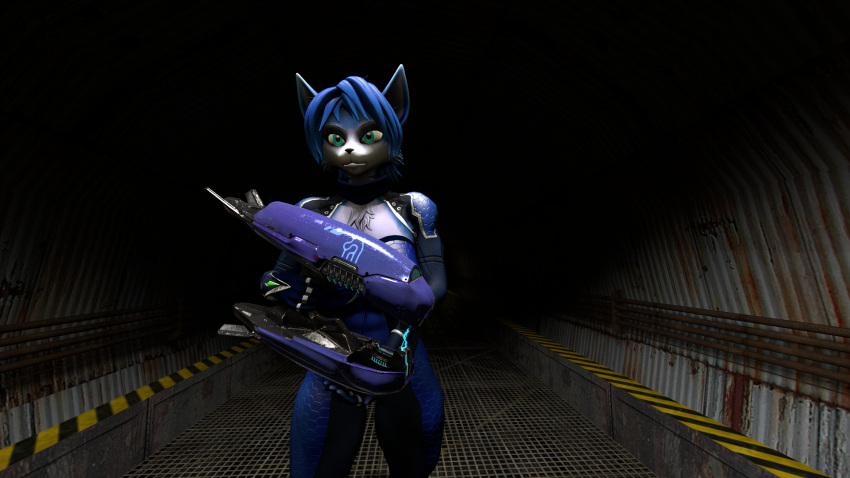 3d anthro blue_eyes blue_fur blue_hair breasts clothed clothing female female_only furry furry_only krystal laarian plasma_gun sfm solo solo_female star_fox suit weapon