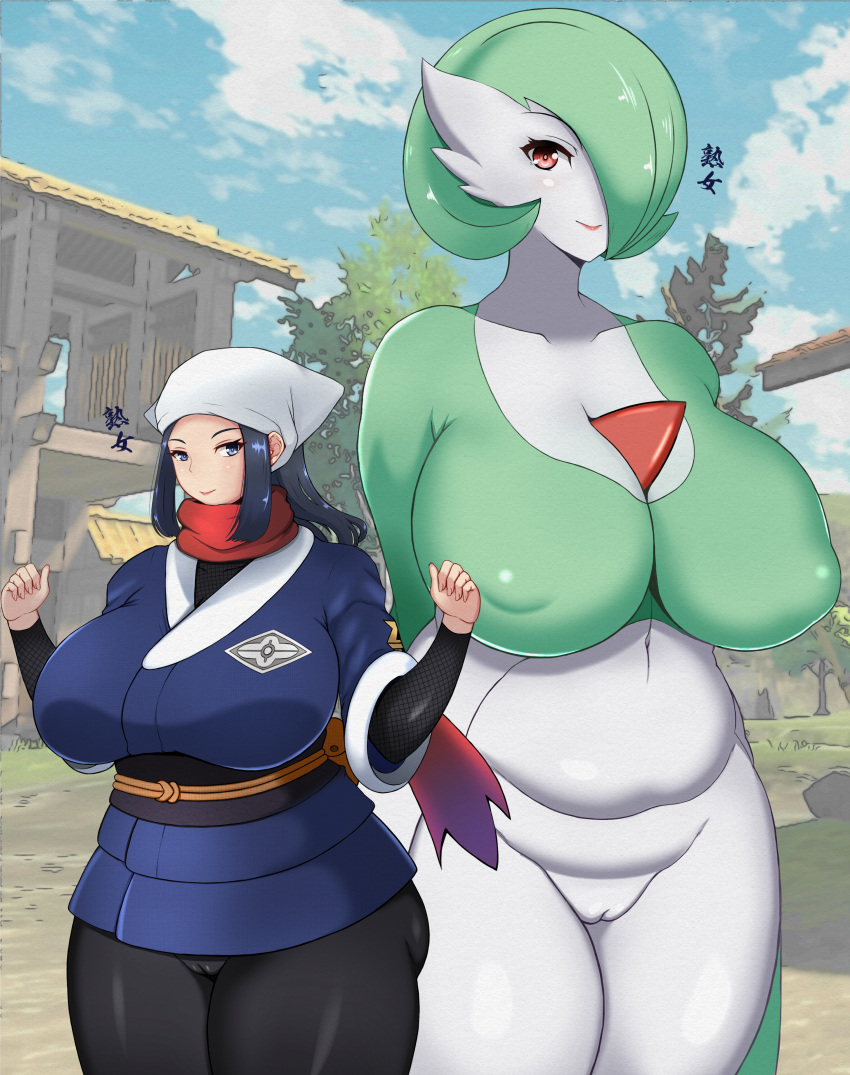 2022 2girls akari_(pokemon) alpha_pokémon alternate_breast_size blue_eyes blue_hair breasts chest_spike clothed clothed_female female female_only gardevoir green_hair hair_over_one_eye headscarf hips huge_breasts interspecies long_hair long_ponytail massive_breasts multiple_girls nintendo nipples_visible_through_clothing pokémon_(species) pokemon pokemon_(species) pokemon_legends:_arceus ponytail puffy_nipples pussy red_eyes size_difference smile thick_thighs thighs uncensored vagina venus_body white_body white_skin wide_hips wlcmt