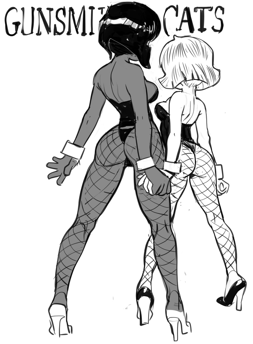 2girls ass big_ass black_and_white blonde_hair breasts casual clothing dark_skin duo female female_only fishnets gunsmith_cats high_heels human jjfrenchie joel_jurion minnie_may_hopkins pale_skin rally_vincent short_hair sketch wide_hips