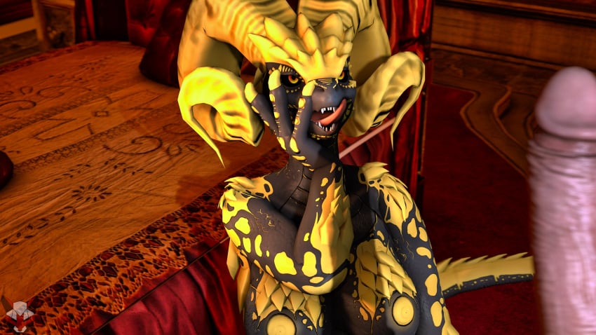 3d_(artwork) absurd_res anthro breasts capcom digital_media_(artwork) dragon duo elder_dragon erection female foxibiki genitals hi_res humanoid kulve_taroth male male/female monster_hunter nipples penis scalie tongue video_games yellow_eyes