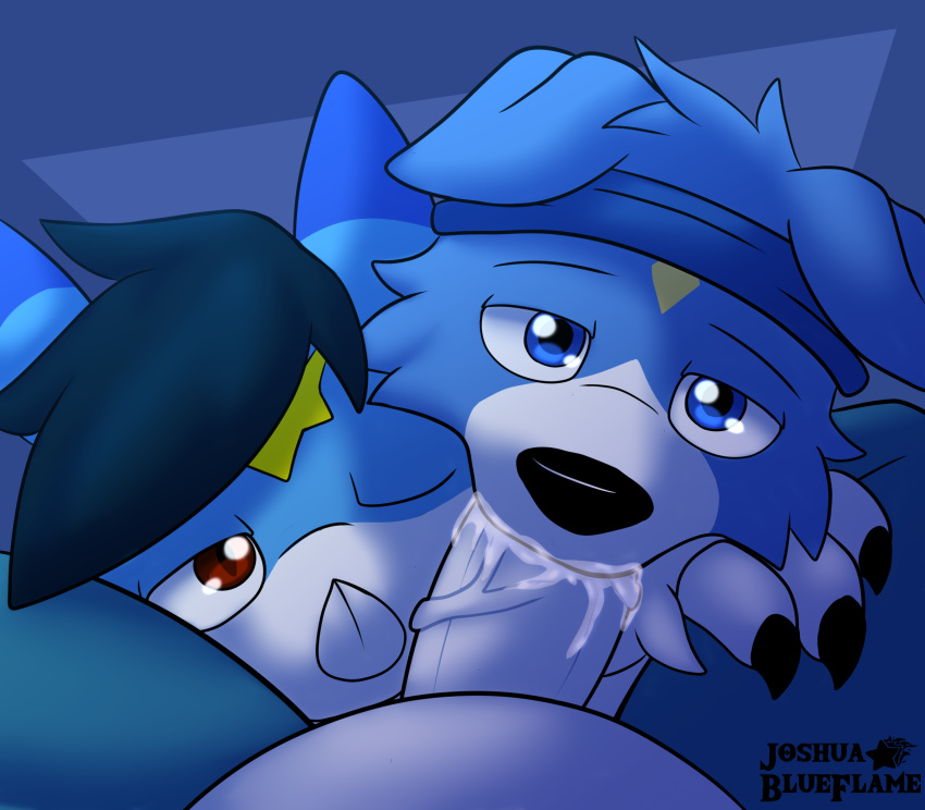 alex_the_demon_dragon_(veemon) ball_suck balls bandai_namco bandana blue_bandanna blue_body blue_eyes blue_fur blue_kerchief blue_scales blue_skin bodily_fluids canid canine canis cum cum_in_mouth cum_inside digimon digimon_(species) domestic_dog dracky_the_gaomon dragon fellatio first_person_view fur gaomon genital_fluids genitals hi_res kerchief male male/male mammal oral penile penis red_eyes scales sex sucking veemon yoshio_hiroshi