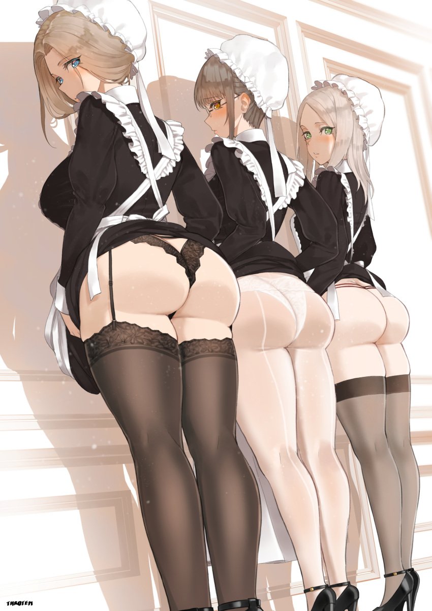 3girls apron ass ass_cleavage ass_comparison ass_focus back-seamed_legwear big_ass big_breasts big_butt black_bra black_heels black_high_heels black_legwear black_panties black_stockings blue_eyes blush bra breasts butt_crack curvaceous curvy dress_lift dress_lifted_by_self dutch_angle eye_contact facing_wall female female_only from_behind g-string garter_belt garter_straps glasses heels high_heels indoors lace-trimmed_bra lace-trimmed_panties lace-trimmed_thighhighs large_ass large_breasts legwear lifted_by_self lifted_dress lineup lingerie long_hair looking_at_viewer looking_back looking_back_at_viewer maid maid_dress maid_headdress maid_outfit maid_uniform medium_breasts mob_cap multiple_girls original panties panties_under_pantyhose pantyhose parted_bangs red_bra red_panties short_hair_with_long_locks small_breasts standing stockings thick_ass thick_thighs thighhighs thighs throtem tight_clothing underwear voluptuous white_legwear white_panties white_pantyhose