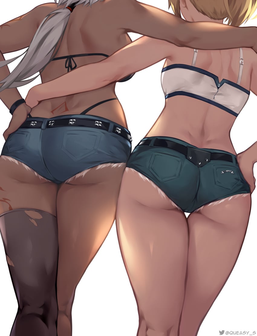 2girls ass back_view black_thong blonde_hair breasts caenis_(fate) fate/grand_order fate_(series) feet_out_of_frame female female_ass female_only from_behind legs legs_together legwear_only minishorts mordred_(fate) queasy_s shorts standing thick_thighs thigh_gap thighs thighs_together thong tight_clothing